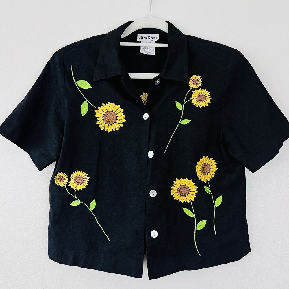 Vintage Ultra Dress NY Linen Blend Hand Embroidered Sunflower Blouse Y2K Size 8